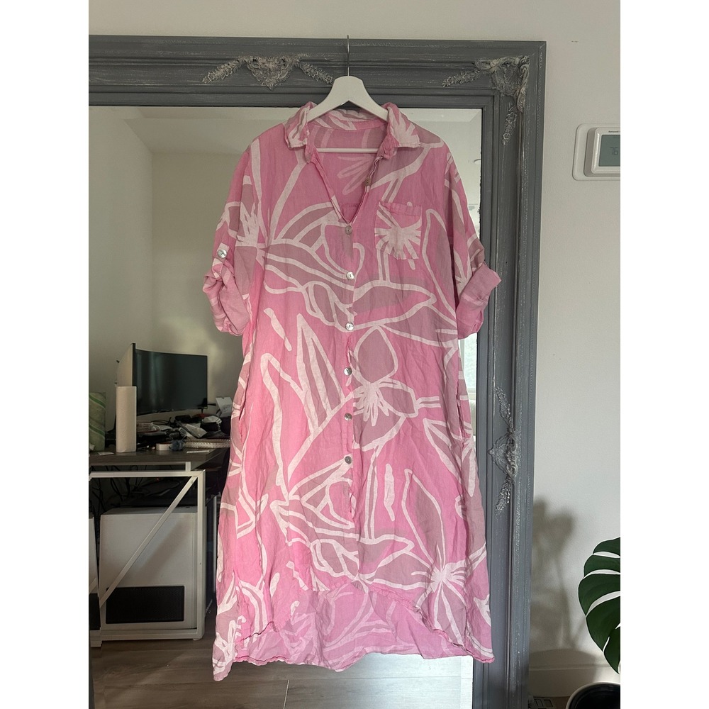 Meo Meli Italy Pink Linen Abstract Floral Button Down Shirt Dress Lagenlook L